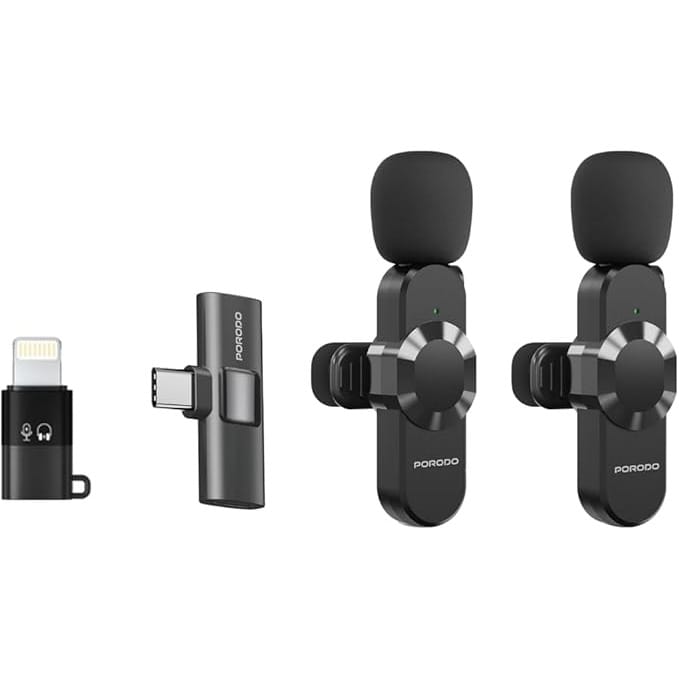 Porodo Audix Lavalier Dual Microphone Type-C & Lightning Head Connector, 3H Working Time, Precise Reverb, Instant Wireless Setup, Auto Paring Technology, Clear Crystal Audio - Black