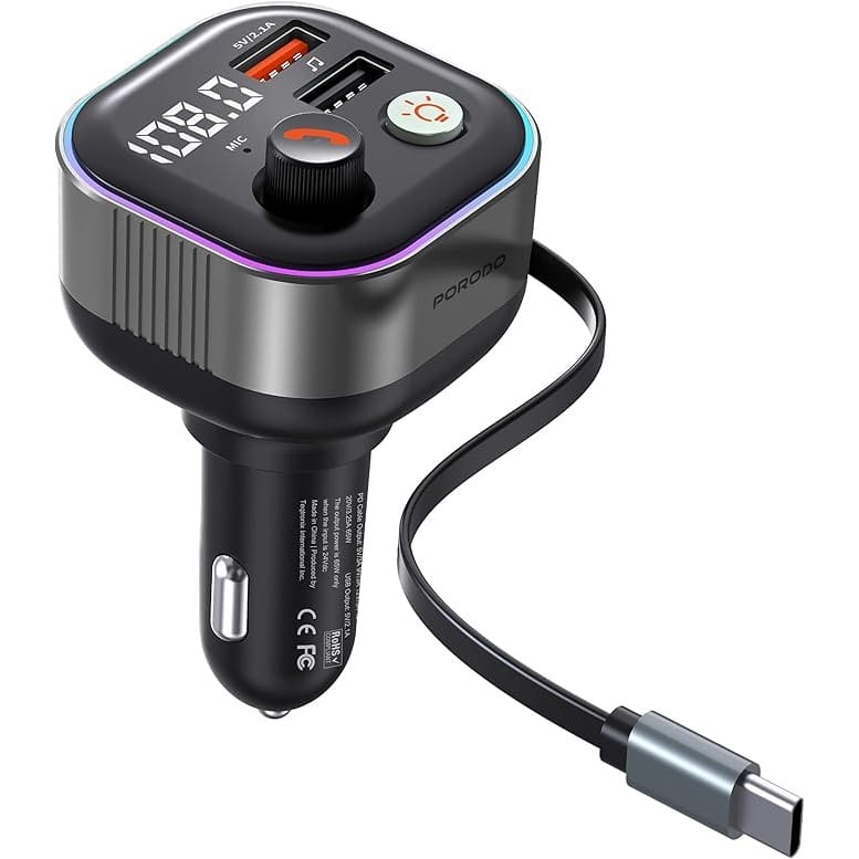 Porodo Audio Boost Bluetooth FM Transmitter & 65W PD Quick-Charge Car Charger with 80cm Type-C Retractable Cable, LED Ambient Light, USB Flash, Crisp Mic, Bass Boost