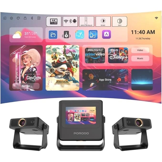 Porodo Smart HD Projector 250" with WiFi and Bluetooth,Unique Smart Tablet, Auto Focus & Keystone, Native 1080P Movie, Portable Outdoor Mini Projector, Compatible with TV Stick Smartphone/HDMI/USB