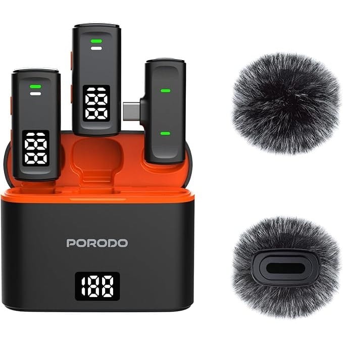 Porodo Wireless Collar Double Microphone With Charging Case,Type-C Connector With Lightning Head Adapter,24H Working Time,Low-Latency,Digital Display,Plug & Play,1.5H Recharge Time - Black