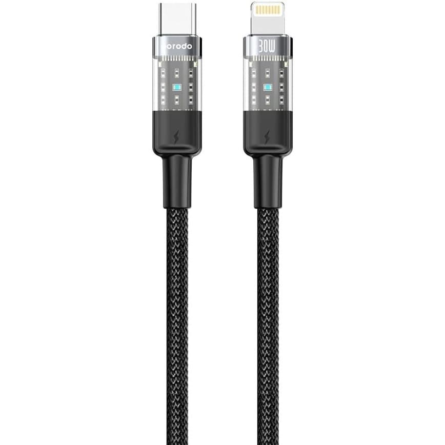 Porodo Braided 30W PD C to Lightning Head Fast Charging 480 Mbps Cable, Aluminum Alloy + Braided Cable Material with Transparent Head, Tangle-Free, 1.2M Length, Apple iPhones iPads, (Black)