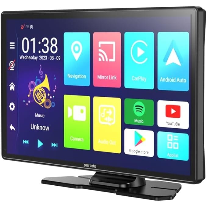 Porodo 9” Android13 Tablet/DVR for Car, 1080P FHD Recording, Built-in GPS Navigation, Bluetooth V5.1, Short & Long Mount, Compatible with iOS & Android Auto, YouTube, Netflix, Spotify Support - Black