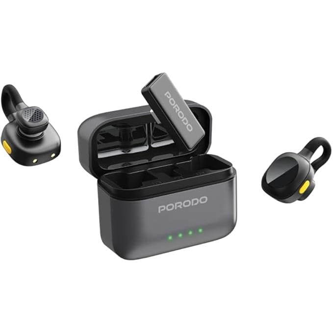 Porodo Movo Lavalier Microphone, USB Type-C Connector, 5H Working Time, Precise Reverb, Instatn Wireless Setup, Auto Pairing Technology, Crystal clear Audio, 15M Transmission Range - Black