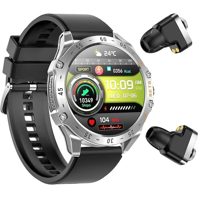 Porodo Hype Smart Watch Black dial with Earbuds and Black Leather Band Sleep Monitor Heart Rate Pedometer IP67 Water Resistant Smartwatch With Earbuds Leather Band Included (Silver)