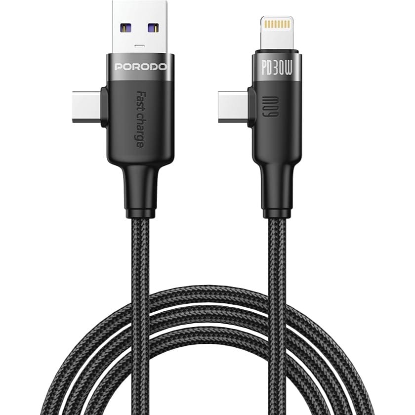 Porodo Dual Connector Universal Cable 60W Lightning & USB-C & USB-A 1.2M, Fast Charge & Data Transfer, USB-A Output, Braided, Compatible with iPhone 16/15/14/13, S25/S24/S23, Laptop, Tablet, Black