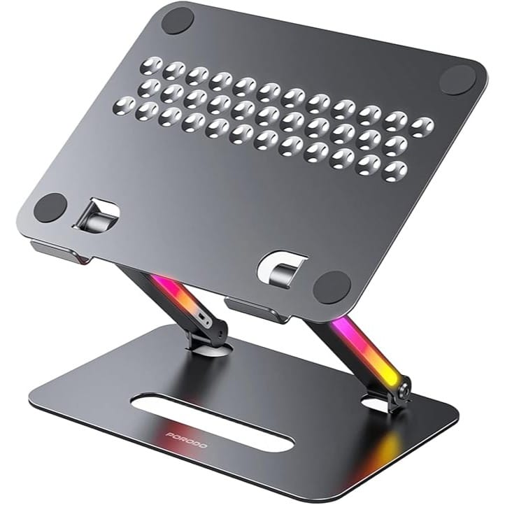 Porodo Aluminum Foldable Laptop Stand 14"-17.3" with RGB Lights & Adjustable Angles, 450mAh Battery, Type-C Charging, Compatible with MacBook Pro, Notebook - Gray