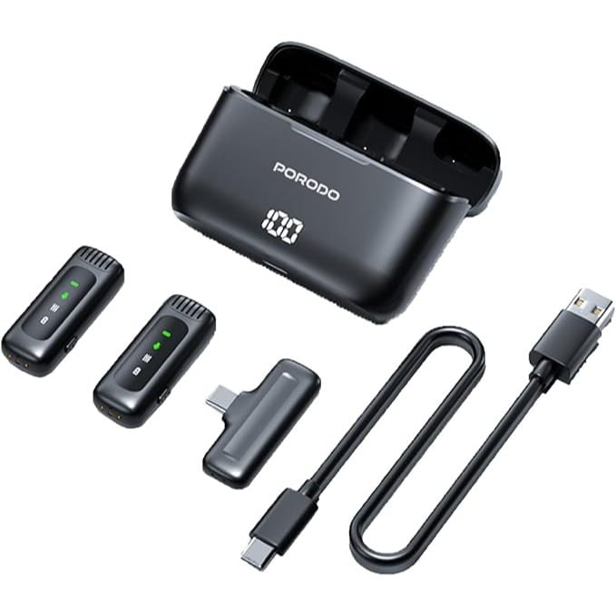Porodo Lavalier Double Microphone With Charging Case,12H Working Time,Low-Latency,Digital Display,Plug & Play,Type-C Connector With Lightning Head Adapter,Durable Material - Black