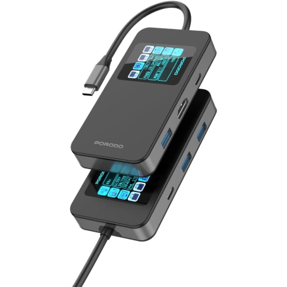Porodo USB Hub 6-IN-1, Smart Digital Display, USB C With 100W PD Charging, 5Gbps USB 3.0, HDMI 4K60Hz, High Speed Data Transfer,Compatible with iPhone/Laptop/Desktop PC/MacBook/Smart TV