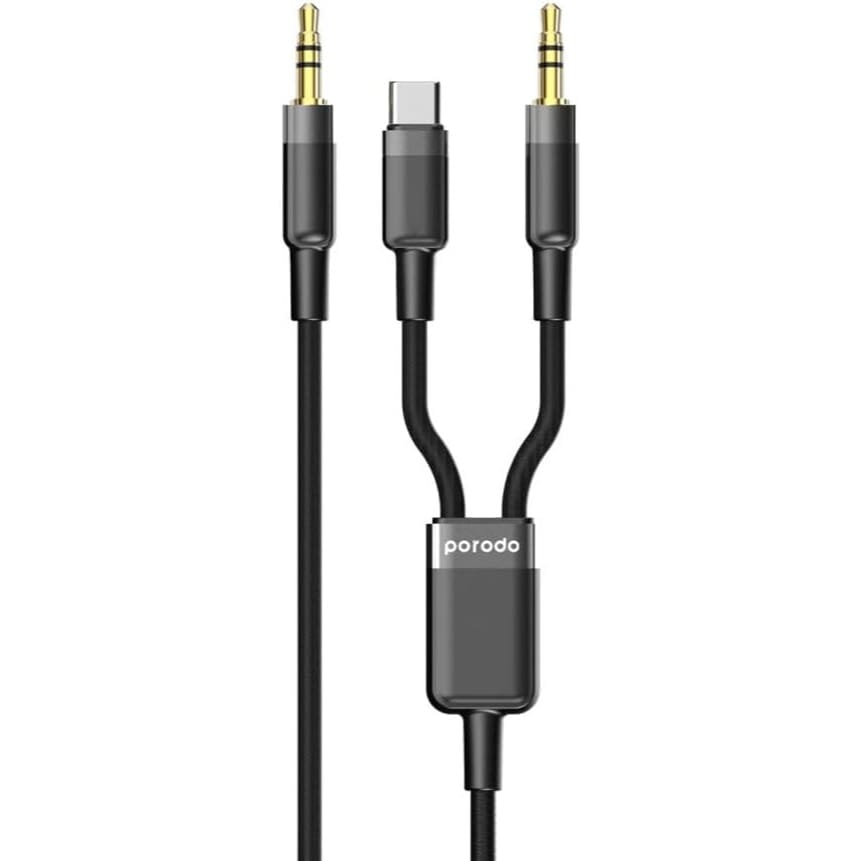 Porodo 2in1 Aux 3.5 to 3.5+typeC Cable 1.2M | Audio Source,Tangle Free,15000+ Bends Life Span - Black