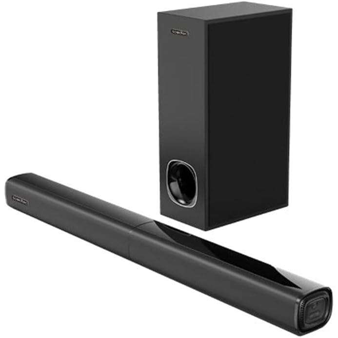 Porodo Soundtec 2.1CH Bluetooth Soundbar System 100W, 5.25" Large Subwoofer, 10M Bluetooth Range, Smart Detachable Design, Powerful Bass, Crisp Audio, Surround Sound (Black)