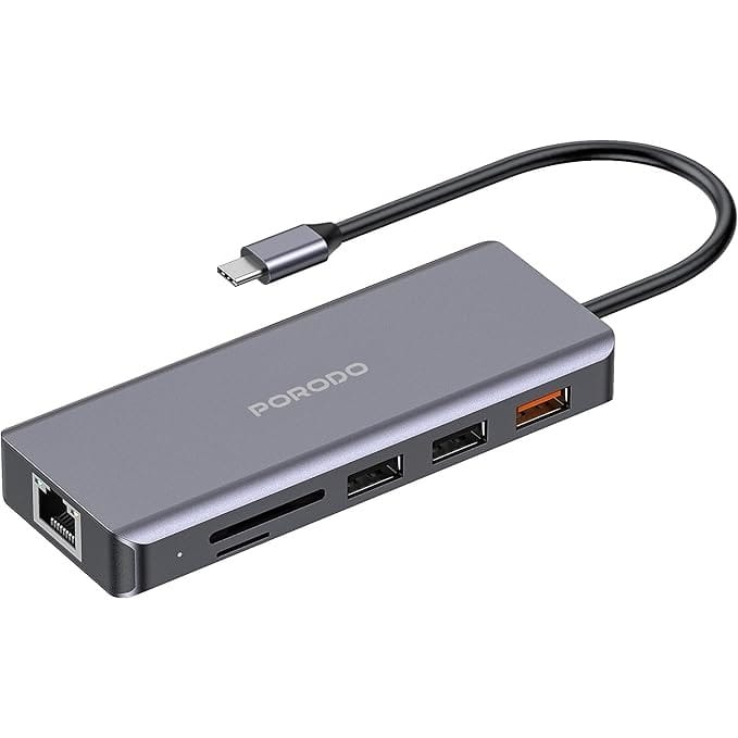 Porodo Ethernet USB-C HUB with 9 in 1 4K HDMI 30Hz, USB-C 3.2 & USB-A 3.2 HUB 10 Gbps Data Transfer, 100W PD Fast Charge for Laptop, AUX/SD, Compatible with Android, IOS, Mac, Windows