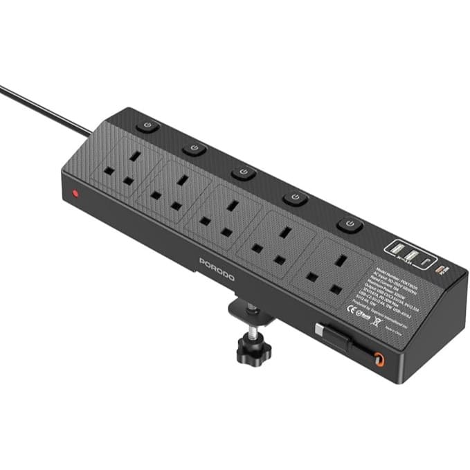 Porodo Power Strip 3250W, Desk Clamp, 10-in-1 Extension Cord, Power Strips with 5 AC & 4 USB ports, PD 20W USB-C, Plug Extender for Home and Office, built-in 80cm Retractable Type-C Cable