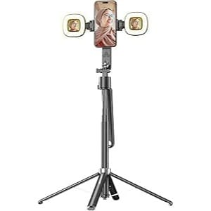 Porodo Integrated Panoramic Tracking Selfie Stick with dual detachable lights & 4 Leg Tripod Stable Quad-Base Aluminum Alloy 360 AI Smart Tracking Intelligent Face Recognition Travel Friendly-Black