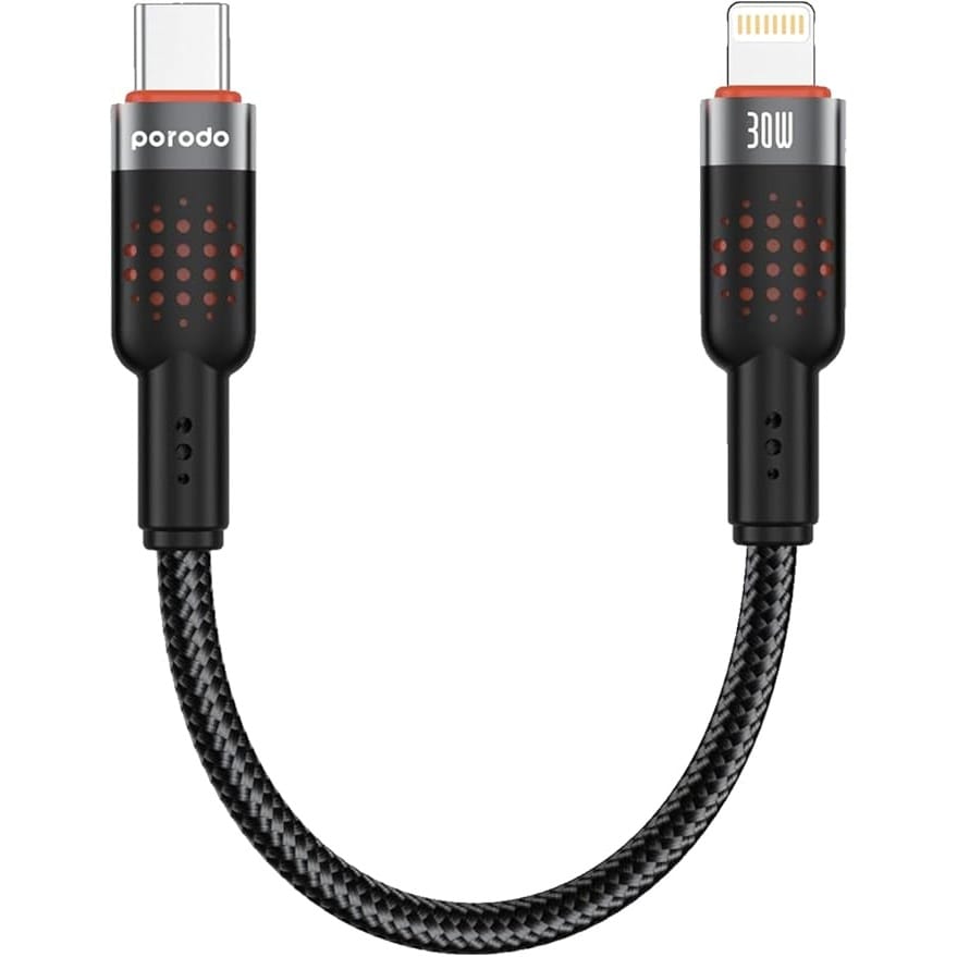 Porodo USB-C to Lightning Cable, Data Transfer & Fast Charge Braided Cable, Power Delivery Type-C to iPhone cable, 25cm Tangle-Free Braided USB-C to Lightning Wire, PD 30W, iPhone 17-11 Series & more