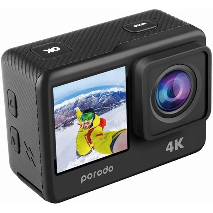Porodo Lifestyle Waterproof Action Camera 900mAh, Waterproof Case Included, Multiple Shooting Modes, Dual Screen Display, 16MP HD Photos, Video/30fps Capture - Black