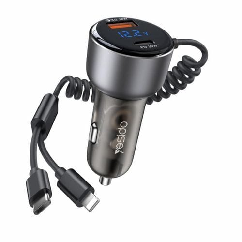 YESIDO Y58 60W Fast Car Charger – Type-C, Lightning & USB, Retractable Cable, PD/QC Fast Charging