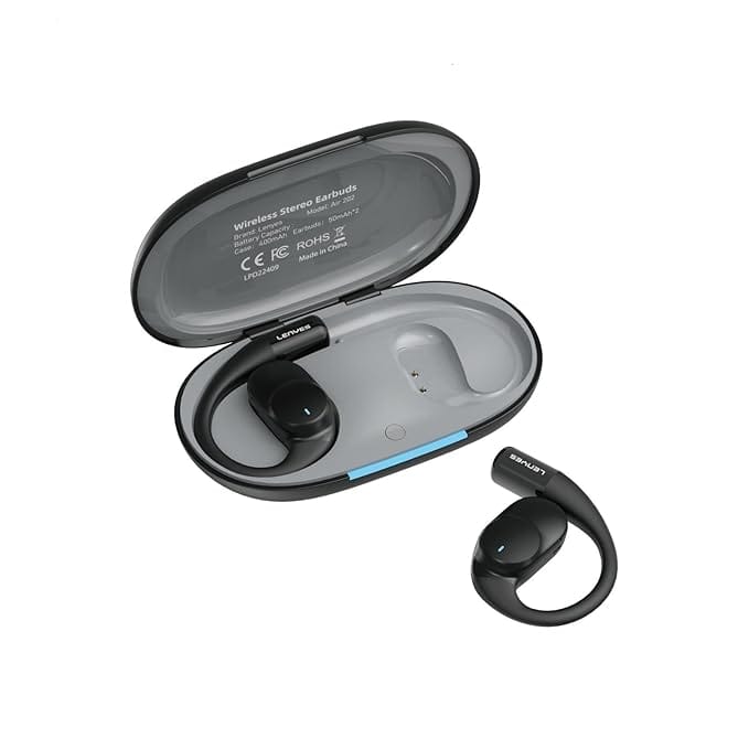 Lenyes AIR 202 Bluetooth 5.4 Wireless Earphones | 7.5H Playtime | 14.2mm Drivers | IPX4 Waterproof | Open-Ear Hook Design | Fast Charging (Black)