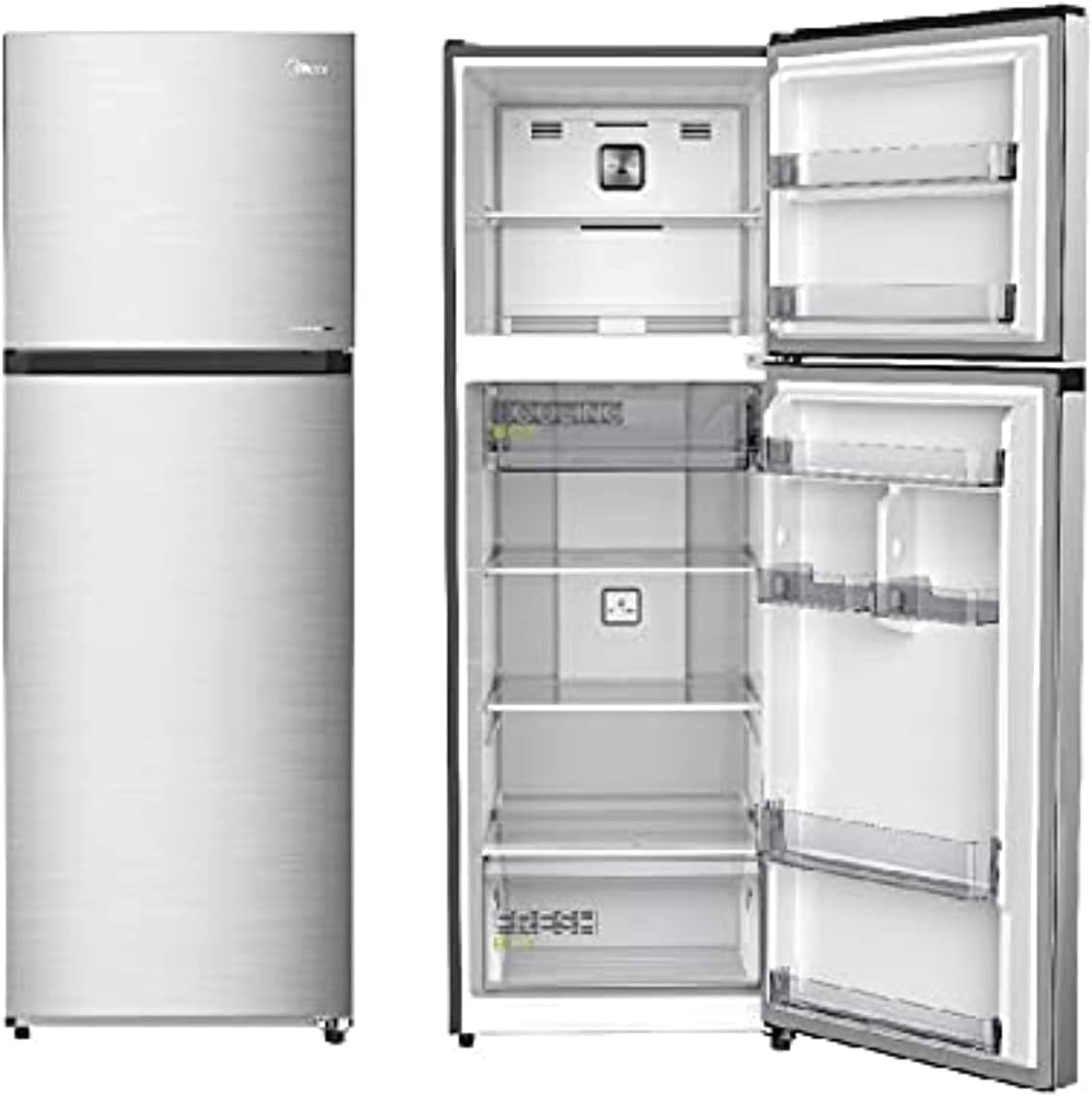 Midea 385L Gross Top Mount Double Door Refrigerator, MDRT385MTE46, 2 Doors, Frost Free with Smart Sensor & Humidity Control, Active-C Fresh, Multi-Air Flow, Electronic Control, Silver