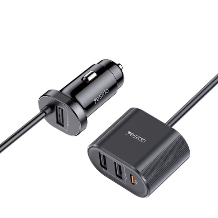 YESIDO Y41 4-Port Car Charger (PD Fast Charge, 3×USB + Type-C, 18W, 12–24V, Telescopic Cable) – Black