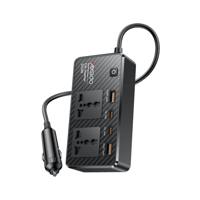 YESIDO VC07 200W Car Power Inverter – AC 220V Output, QC3.0 & PD Fast Charging, Dual USB-C & USB-A