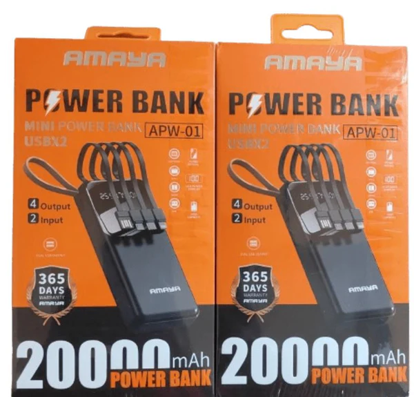 Amaya APW-01 Power Bank 20000mAh fast charging with 4 lines for iPhone, Type C, Micro and USB ports