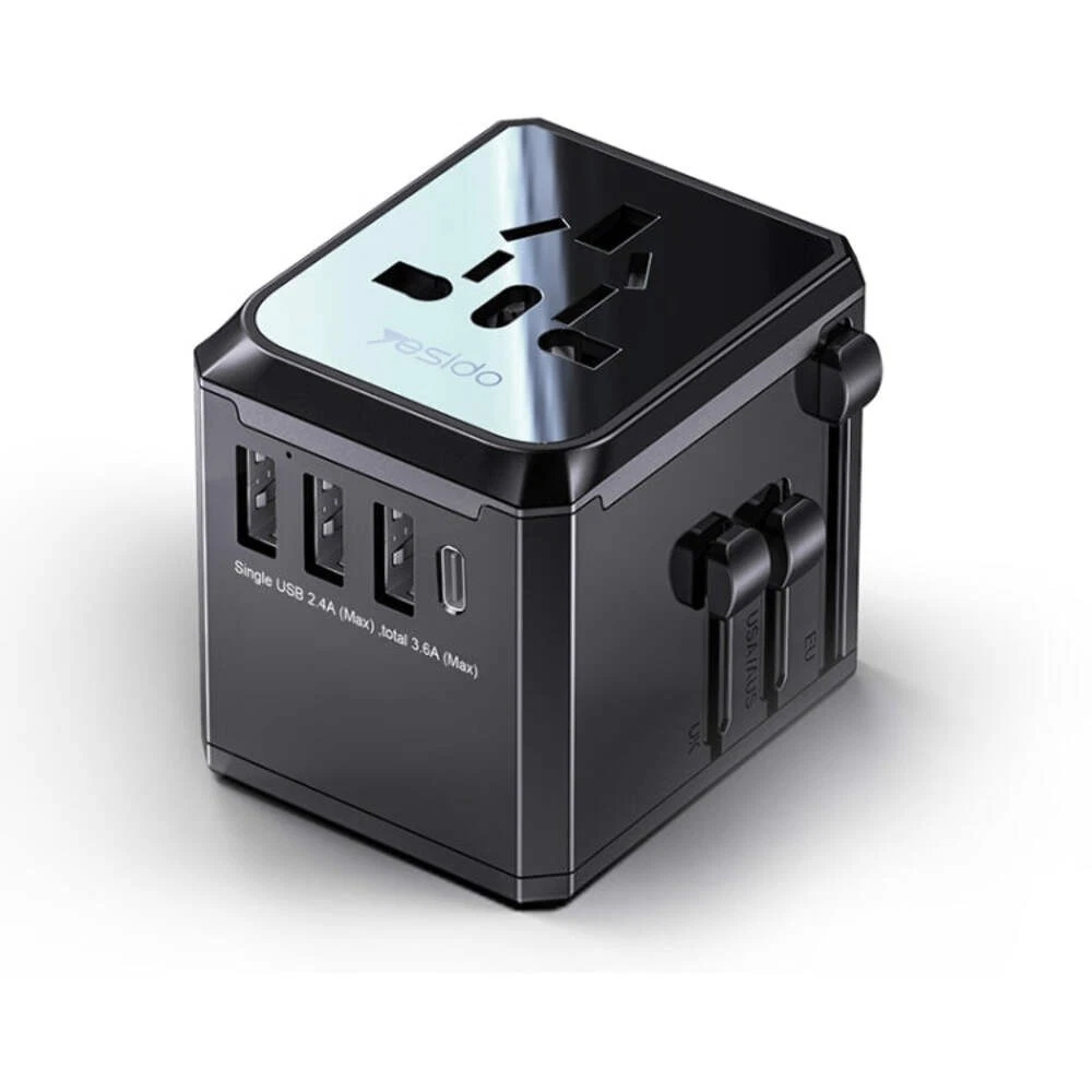 YESIDO MC-10 Universal Travel Adapter (3 USB + Type-C, Worldwide Compatibility, 5V/3.6A Fast Charging) – Compact Design