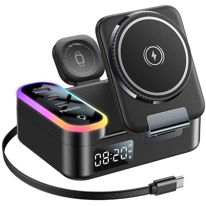 YESIDO 8-in-1 65W Luminious Wireless Charging Station PD 30W and QC 18W Fast Charger with Digital Clock, Magnetic Suction -DS38