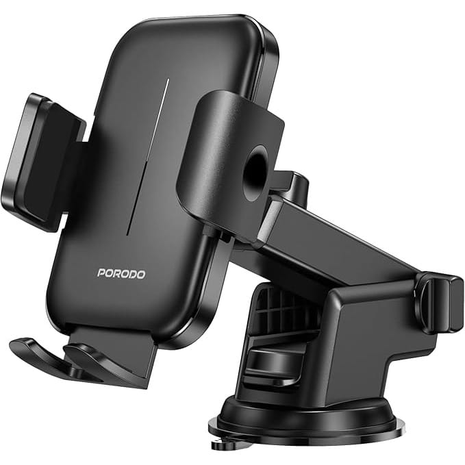 Porodo Adjustable Clamps Dash & Windshield Mount, 60 to 90mm Grip Width, Adjustable Viewing Angle, ABS/Silicone Material, Strong Adhesive, Secure Grip - Black