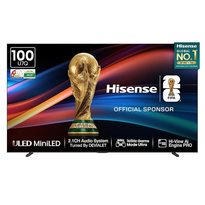 Hisense 253 cm (100-inch) 4K QLED Mini-LED Smart TV | 1000 NITS Peak Brightness | 165Hz Game Mode | Dolby Vision, Dolby Atmos | 2.1 CH 50W Speakers (Built-in Subwoofer) | VIDAA OS | 100U7Q (Black)