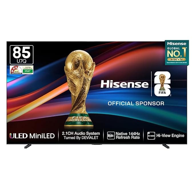 Hisense 215 cm (85 Inches) 4K QLED Mini-LED Smart TV | 1000 NITS peak brightness | 144Hz Game Mode | Dolby Vision IQ & Dolby Atmos | 2.1 CH 50W Speakers (Built-in Subwoofer) | VIDAA OS | 85U7Q (Black)