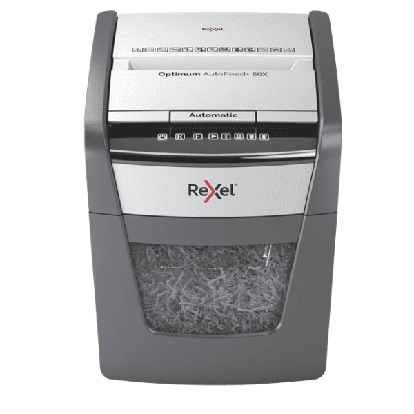 Rexel Optimum AutoFeed+ 50X Automatic Cross-Cut Paper Shredder – 50 Sheet Auto Feed, P-4 Security, 20L Bin, Jam-Free Office Shredder for Staples, Credit Cards & Paper Clips