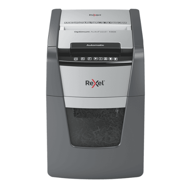 Rexel Optimum AutoFeed+ 100X Automatic Cross-Cut Paper Shredder– 100 Sheet Auto Feed, P-4 Security, 34L Bin, Ultra-Quiet Office Shredder for Credit Cards, Staples & Paper Clips