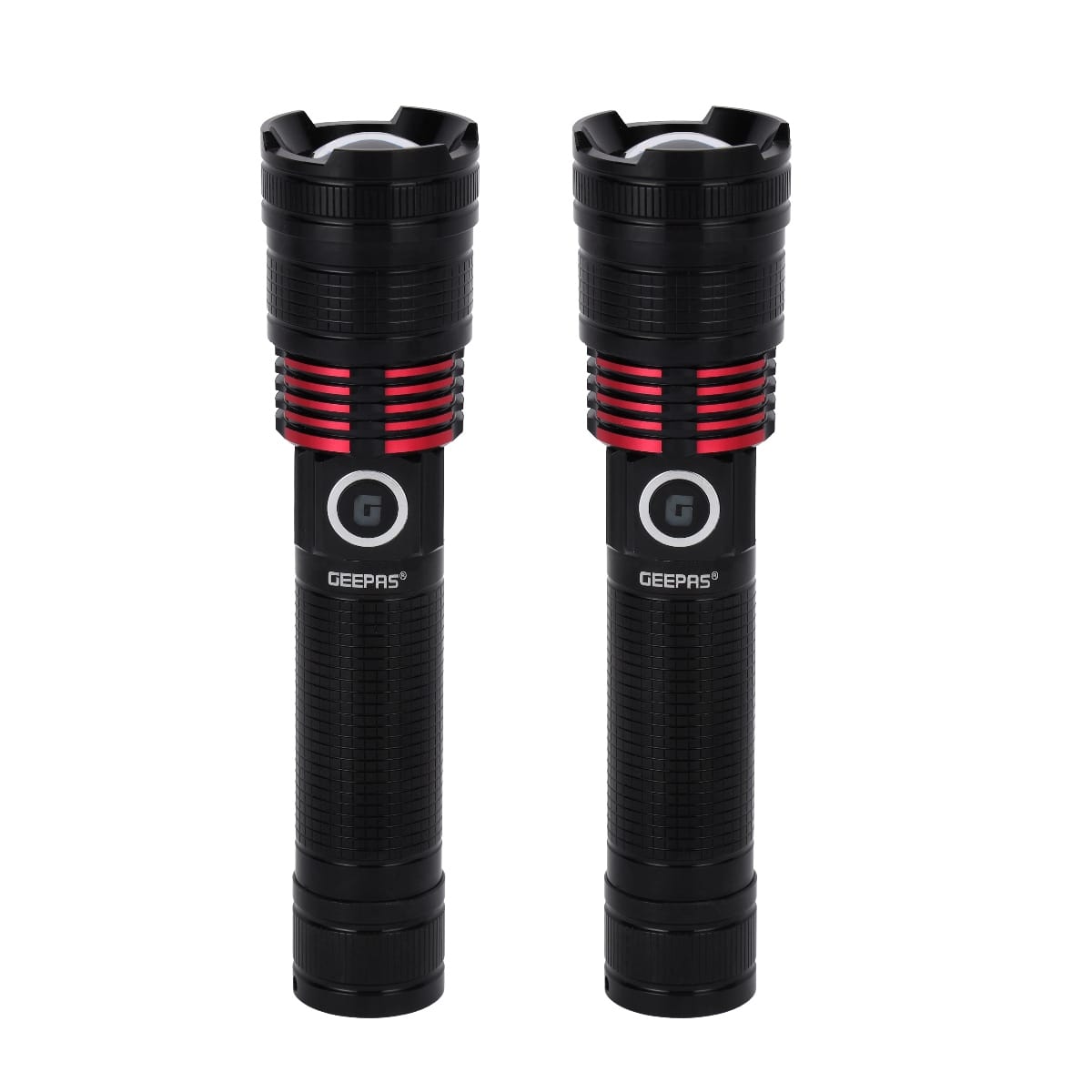 Geepas GFL4667 Rechargeable LED Flashlight Pack of 2 – 15W High Brightness Aluminum LED Torch with Lithium Battery, 5-Hour Runtime for Indoor & Outdoor Emergency Use