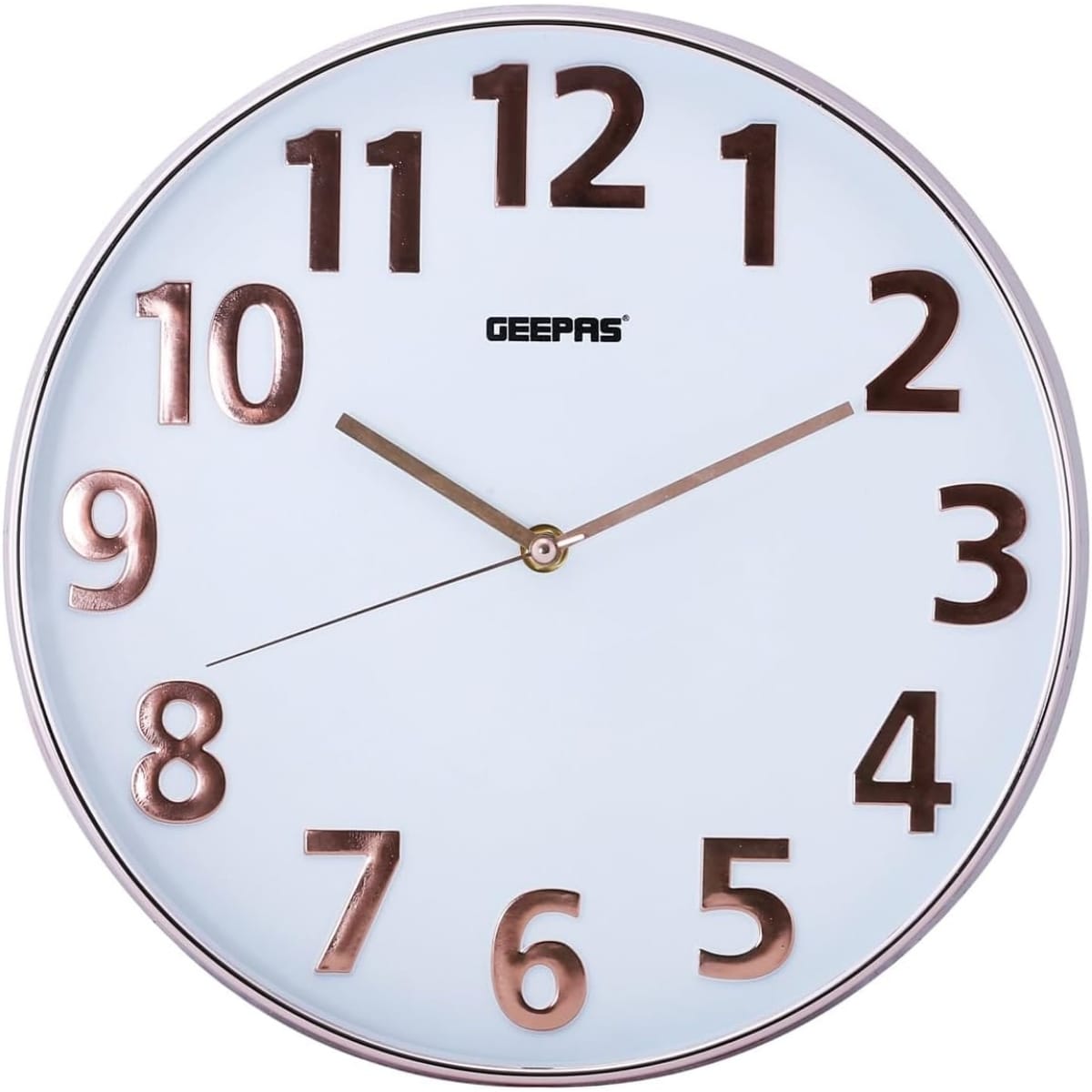 Geepas GWC26013 Silent Non-Ticking Round Wall Clock with 3D Numbers – Elegant Quartz Analog Wall Clock for Bedroom, Office & Living Room | White & Rose Gold Decorative Design
