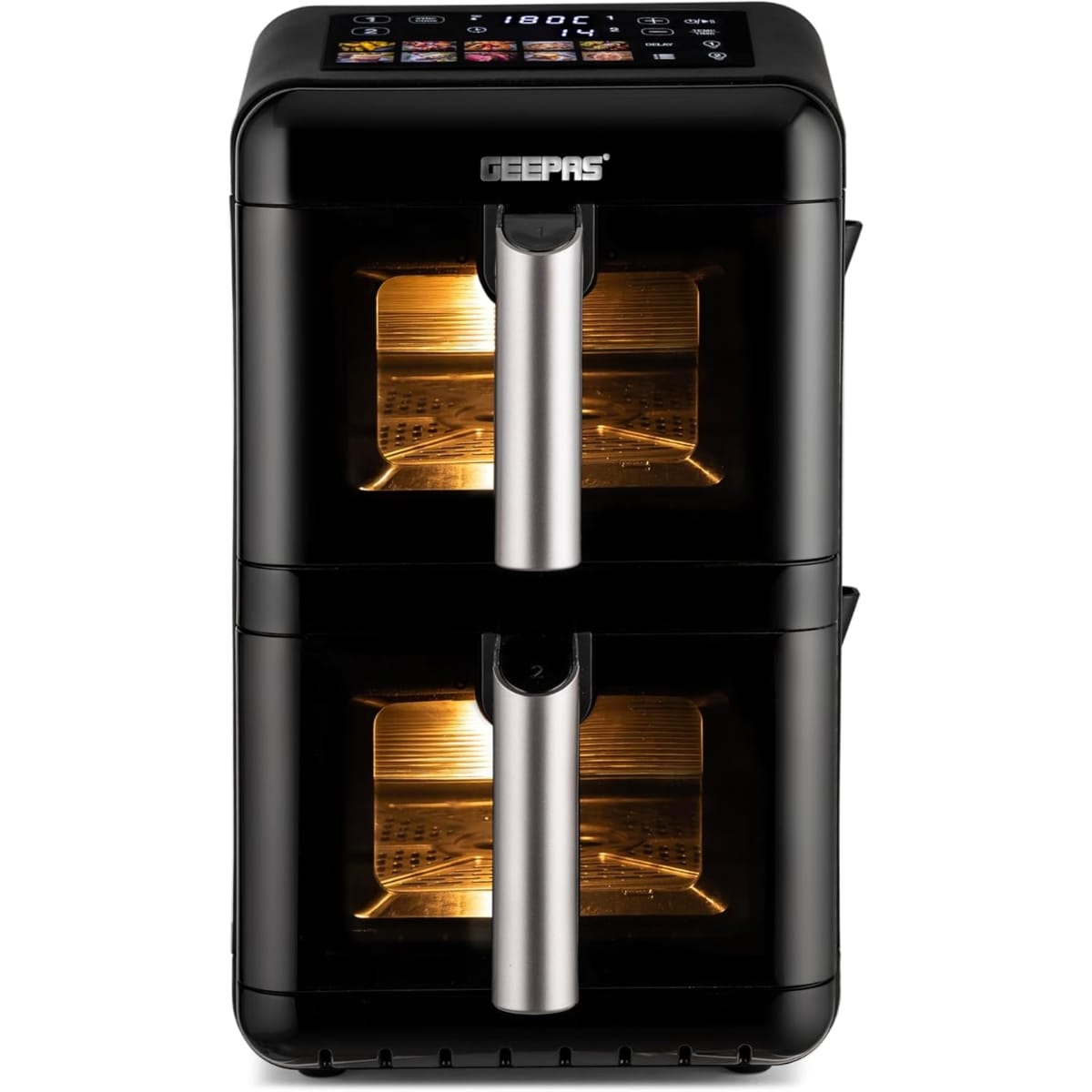 Geepas GAF37548 2800W Dual Basket Digital Air Fryer with 12L Capacity, 10 Preset Cooking Modes, Dual Non-Stick Grid, Adjustable Temperature & Timer