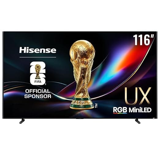 Hisense 116-Inch Class Premium UX Series MiniLED 4K UHD HDR Google Smart TV(116UX, 2025) - RGB Backlight, Up to 8000 nits, 3D Color Master Pro, Native 165Hz Panel, 6.2.2 CineStage X