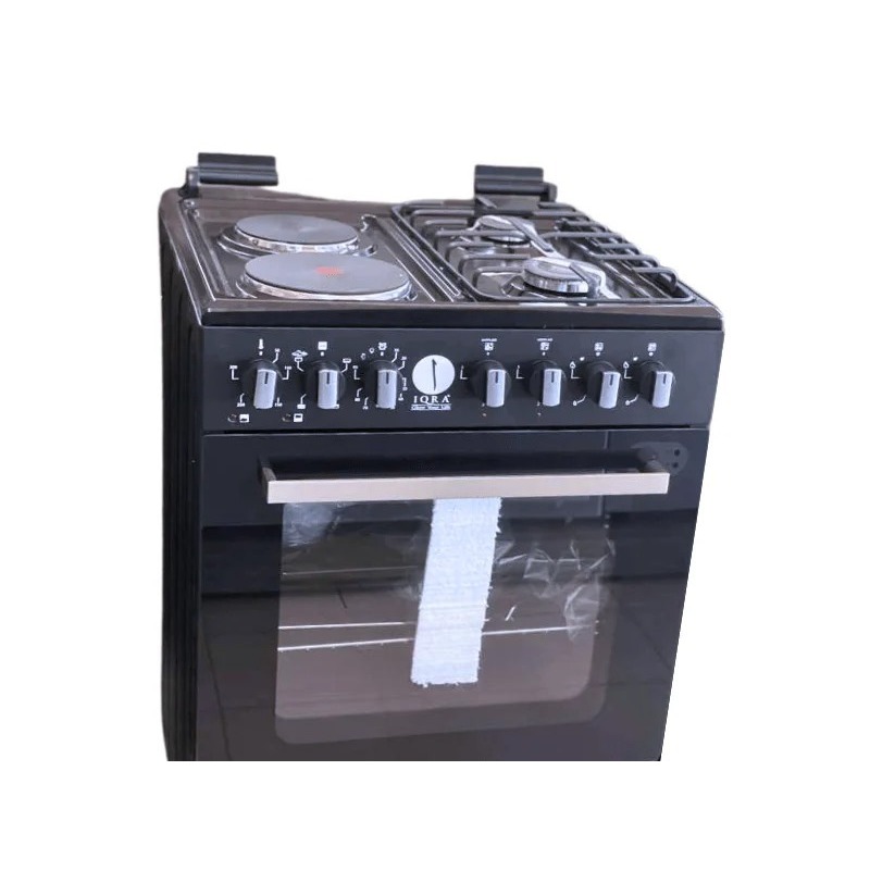 IQRA IQ-FC6022-BLK 60 x 60cm Freestanding Cooker with 2 Gas Burners, 2 Hot Plates, Electric Oven & Rotisserie