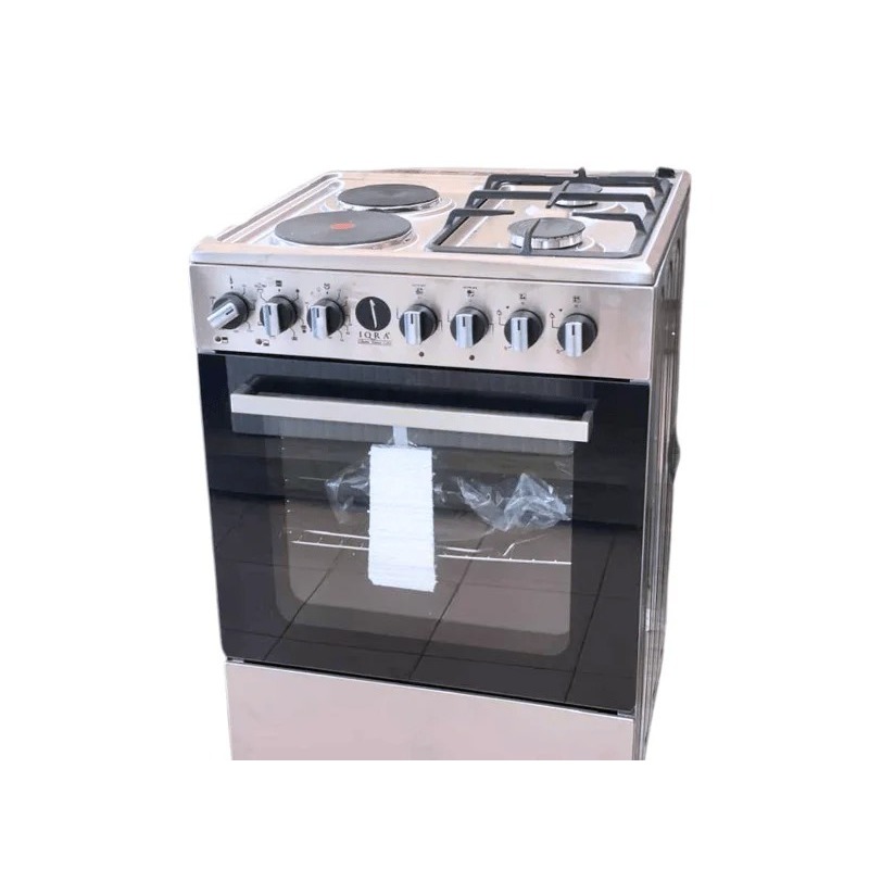 IQRA IQ-FC6022-SS 60 x 60cm Freestanding Cooker with 2 Gas Burners, 2 Hot Plates, 6-Function Electric Oven & Rotisserie
